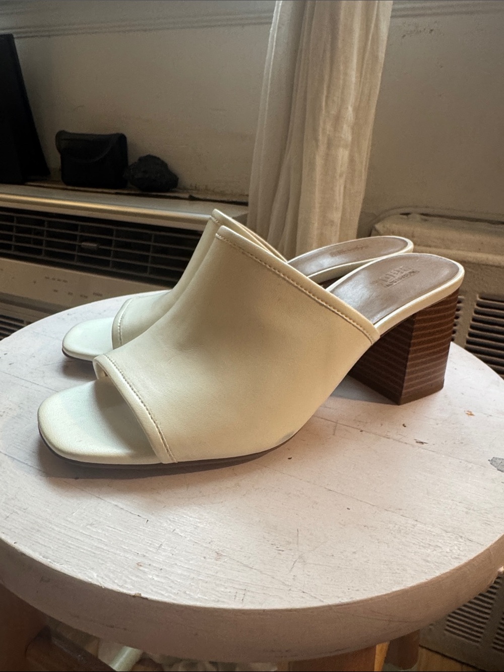 Off White Open-Toe Slide Mules with Block Wooden Stack Heel Size 6